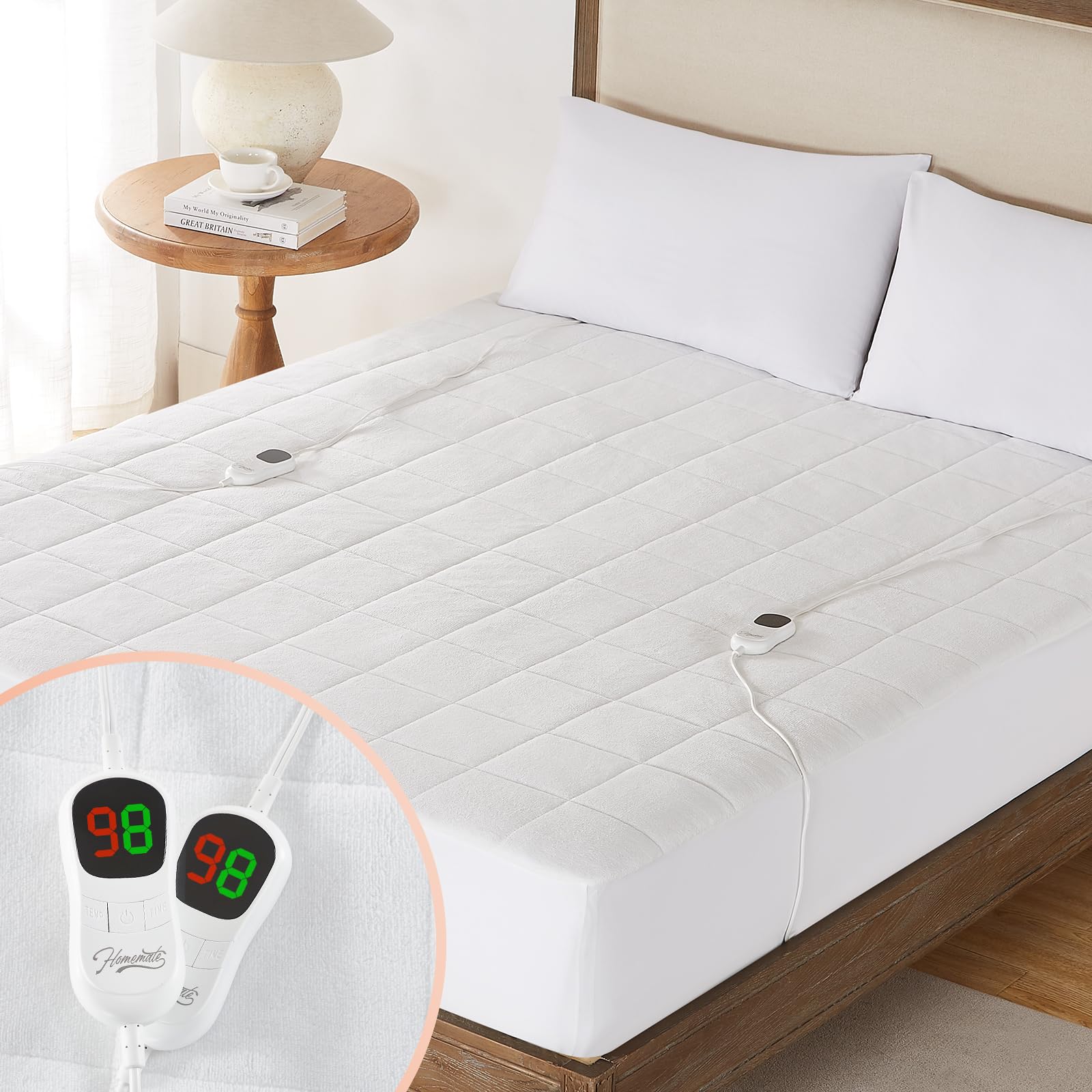 Homemate Heated Mattress Pad Queen Size For Cold Sleepers, 5 Heated Setting Coral Fleece Electric Mattress Pad Queen, Bed Warmer